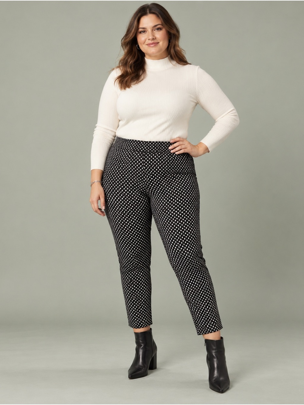 Size 14 Black White Geometric Pull-On Slim Ankle Pants